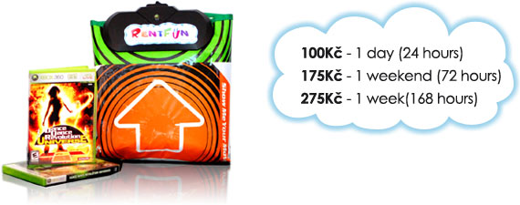 Prices for renting dance pad DDR: 100 Kč/day, 175 Kč/weekend, 275 Kč/week.