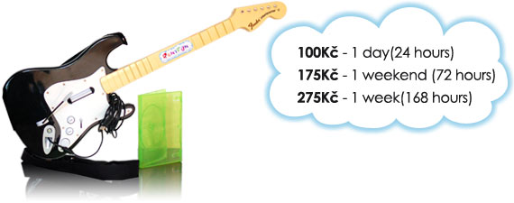 Prices for renting Guitar Hero: 100 Kč/day, 175 Kč/weekend, 275 Kč/week.