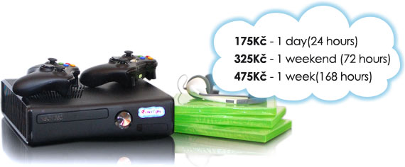 Prices for renting Xbox 360: 175 Kč/day, 325 Kč/weekend, 475 Kč/week.